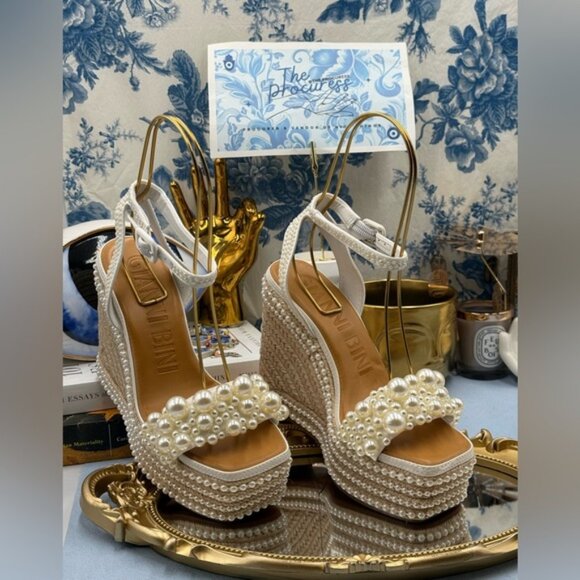 🆕 GIANNI BINI 🧿 NWOB Savanna Pearl Ornamented Platform Wedge Sandals, Sz 6.5 - Picture 2 of 16